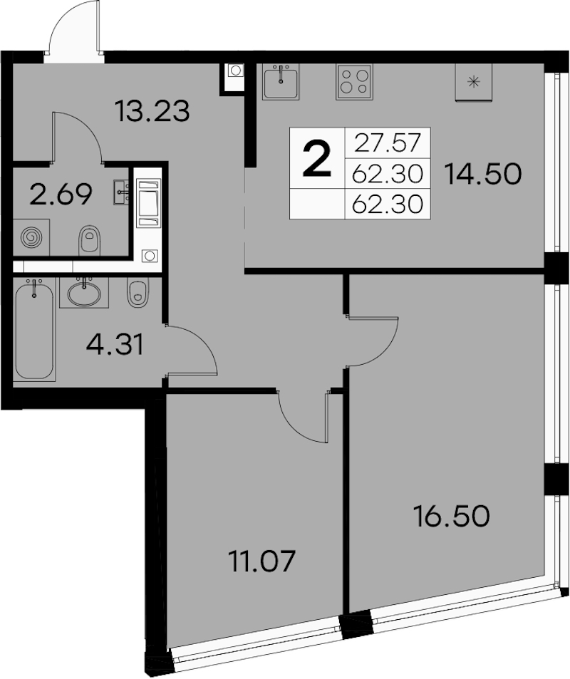 2-комнатная квартира 62.3 м², 12/19 эт., ЖК «GloraX Aura Vasileostrovsky»